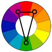 a color wheel denoting a split complementary schem